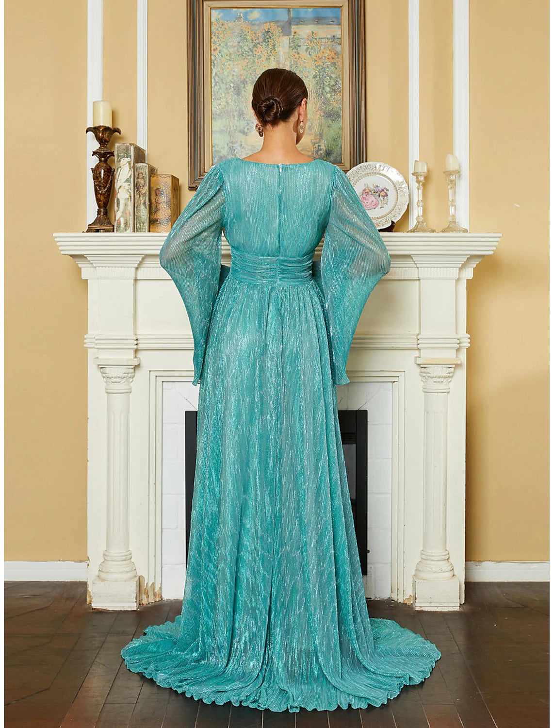 Abito da sera a trapezio, elegante, formale, con strascico, manica lunga, scollo a V, paillettes e pieghe glitterate